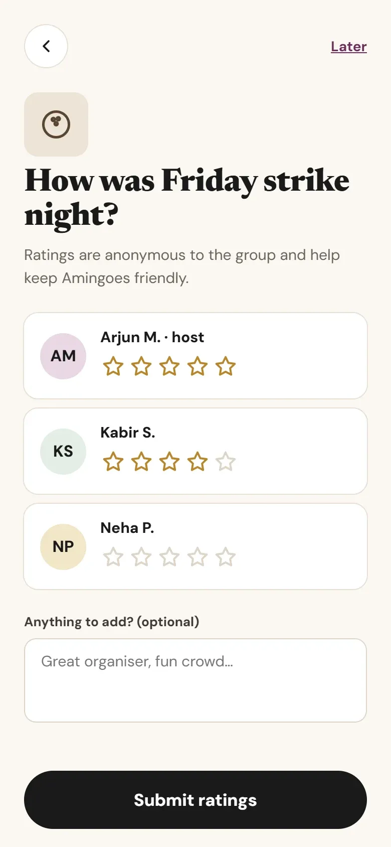 Amingoes app: Ratings